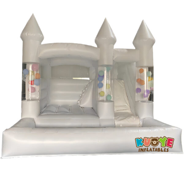 CB632 White Bouncy Castle with Slide and Clear Balloon Columns CB632 White Bouncy Castle with Slide and Clear Balloon Columns