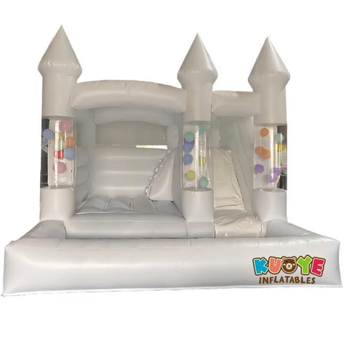 CB632 White Bouncy Castle with Slide and Clear Balloon Columns